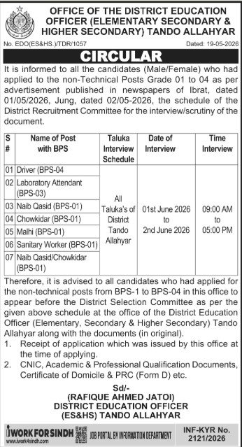 District Education Office Tando Allahyar Jobs